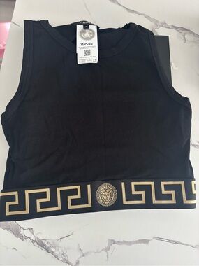 Versace Black Cropped Tank with Gold Greek Key Band